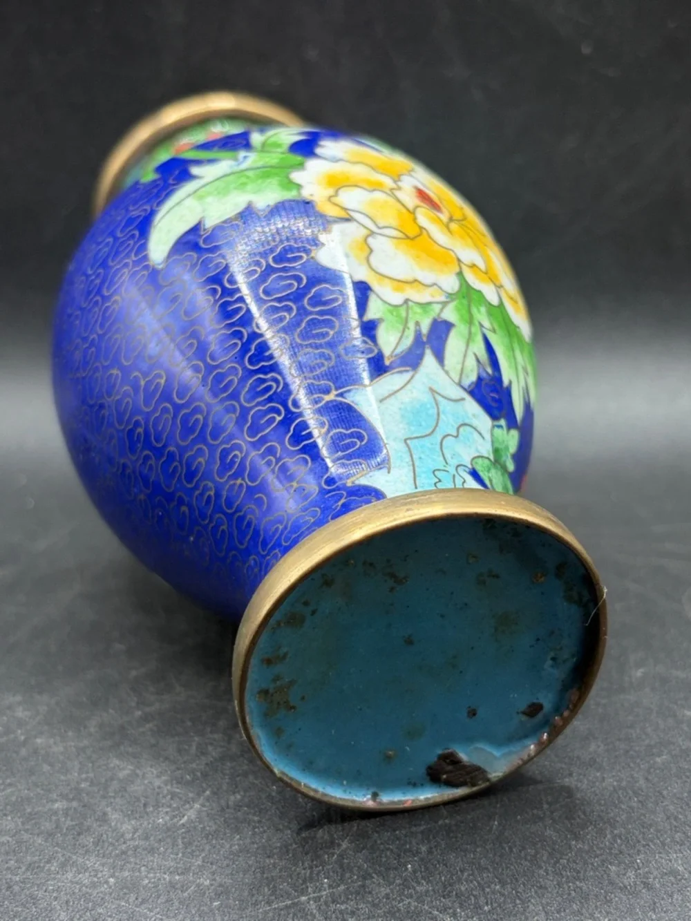 Vintage Butterfly Floral Blue Multicolor Cloisonne Vase Vessel Asian Arts Decor - Picture 6 of 10
